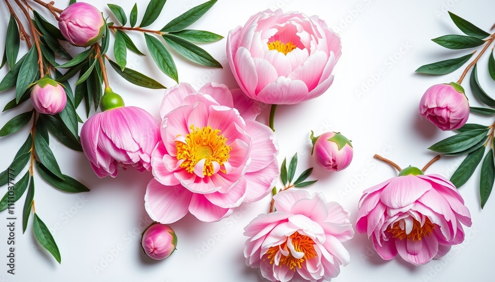 A vibrant bouquet of pink tulips bursts with spring beauty, showcasing delicate petals and lush foliage against a pristine white backdrop A vibrant bouquet of pink tulips bursts with spring beauty, showcasing delicate petals and lush foliage against a pristine white backdrop