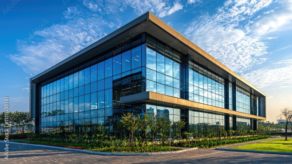Modern Architectural Building With Large Glass Windows Surrounded By Greenery and a Clear Blue Sky Highlighting Contemporary Design and Urban Environment Modern Architectural Building With Large Glass Windows Surrounded By Greenery and a Clear Blue Sky Highlighting Contemporary Design and Urban Environment