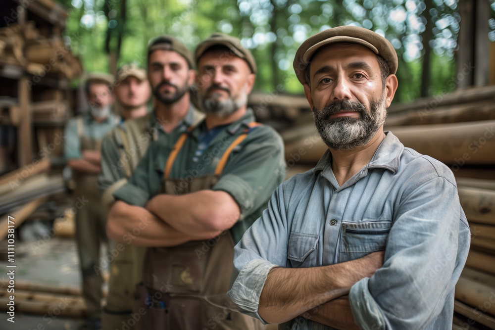 Fototapeta premium Photography of a Italy group of professional carpentry and wood workers in the workspace, the team manager is in front.