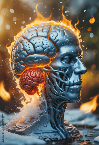 A fiery brain in a hot atmosphere opposes a frosty brain in a cold setting, symbolizing emotional and rational thinking