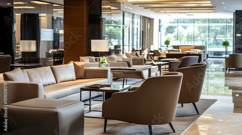 Modern and Elegant Hotel Lobby with Stylish Seating, Abundant Natural Light, and Contemporary Decor for Luxury Hospitality Environments