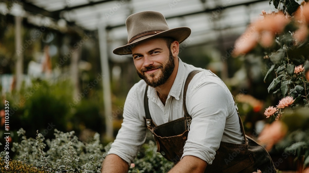 Portrait of a Smiling Bearded Man in a Greenhouse with Hat and Overalls Portrait of a Smiling Bearded Man in a Greenhouse with Hat and Overalls