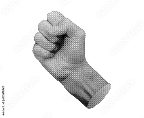 Clenched fingers, fist aside, power gesture, sign, isolated on white background. Halftone dotted retro style vector