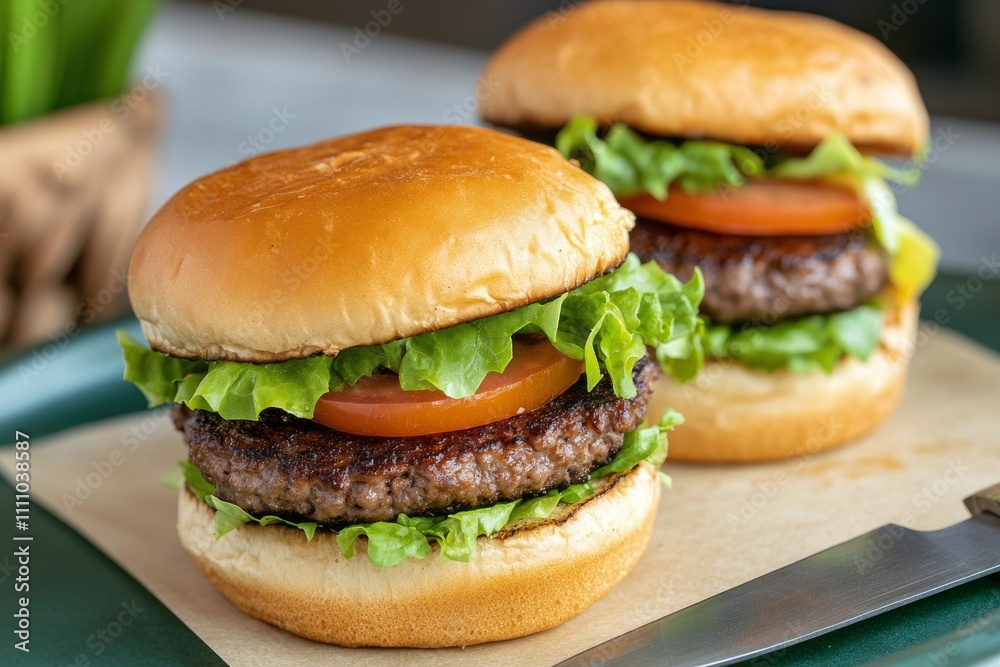 Delicious burgers with fresh lettuce and tomato on soft buns served in a casual setting Delicious burgers with fresh lettuce and tomato on soft buns served in a casual setting