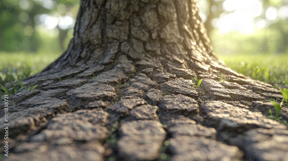 Fototapeta premium Close-up of a tree trunk base with textured bark and emerging green shoots