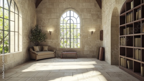 Serene Fusion  Modern-Medieval Reading Room with Tranquil Atmosphere   Ultra-Detailed Interior Design Image