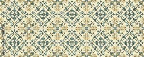 seamless pattern of Elegant teal green beige floral tile pattern vintage style home decor 