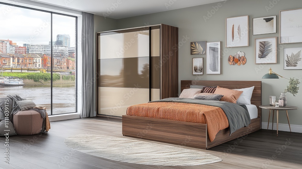 Fototapeta premium Modern Stylish Bedroom Interior with View of Cityscape