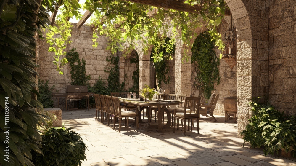 Modern-Medieval Fusion - Stylish Outdoor Dining Space with Stone Walls and Inviting Decor | Photorealistic Interior Design Image Modern-Medieval Fusion - Stylish Outdoor Dining Space with Stone Walls and Inviting Decor | Photorealistic Interior Design Image