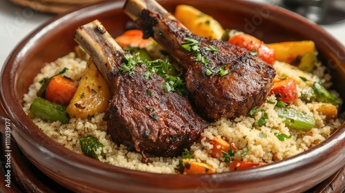 Succulent Grilled Lamb Chops served on a Bed of Fluffy Couscous with Colorful Vegetables for a Delicious Mediterranean Dining Experience