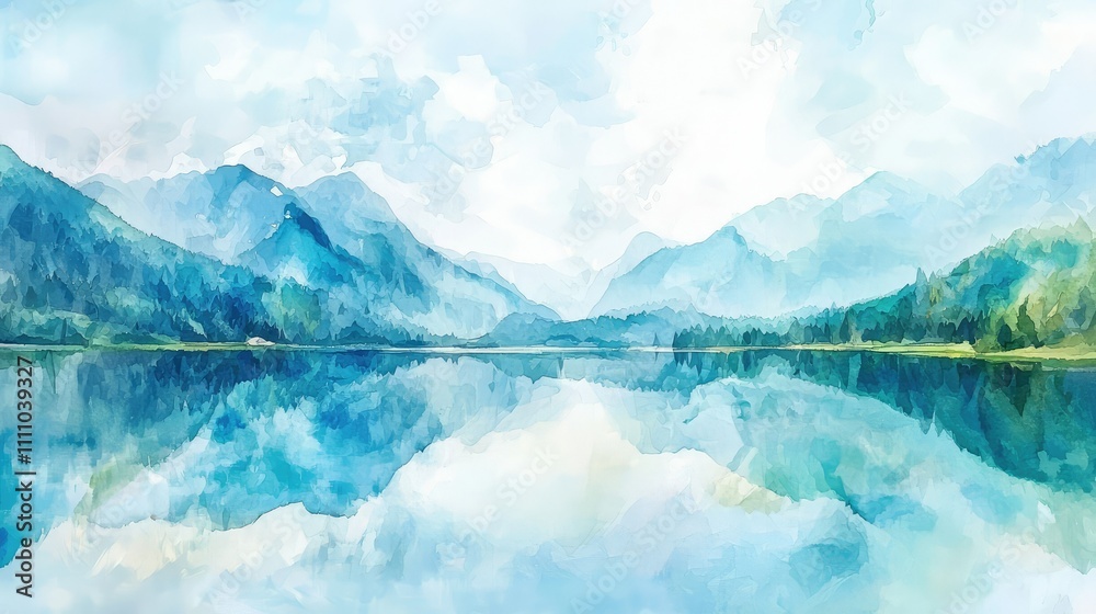 Fototapeta premium Serene Landscape with Mountains and Water Reflection in Soft Watercolor Style, Capturing Tranquil Nature Vibes and Calming Blue Hues for Creative Projects