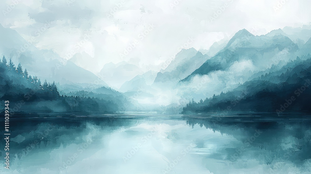 Serene Misty Mountains with Reflective Lake and Foggy Atmosphere Capturing Tranquility in Nature's Embrace, Ideal for Calm and Peaceful Backgrounds Serene Misty Mountains with Reflective Lake and Foggy Atmosphere Capturing Tranquility in Nature's Embrace, Ideal for Calm and Peaceful Backgrounds