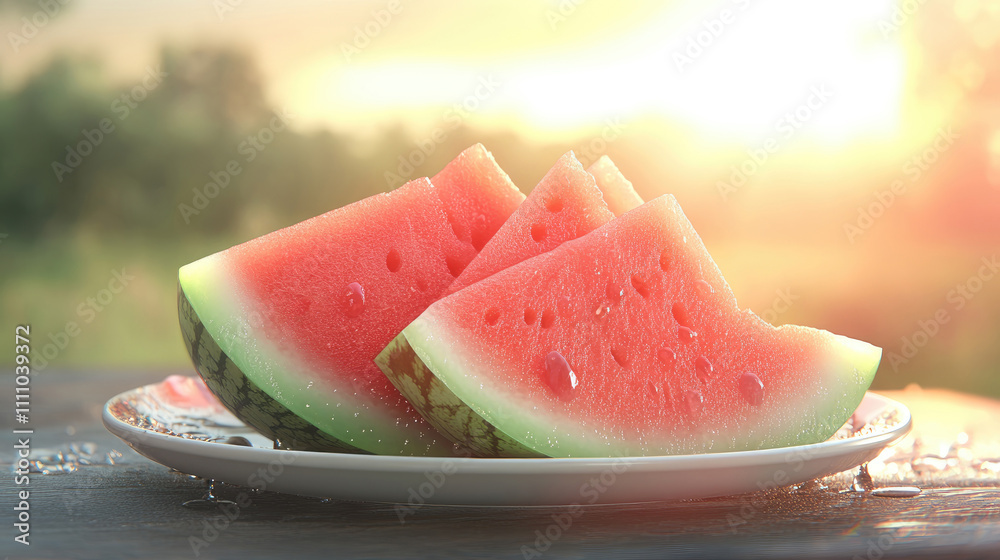 Fresh Watermelon Slices on a Plate Outdoors in Sunlit Summer Garden Fresh Watermelon Slices on a Plate Outdoors in Sunlit Summer Garden