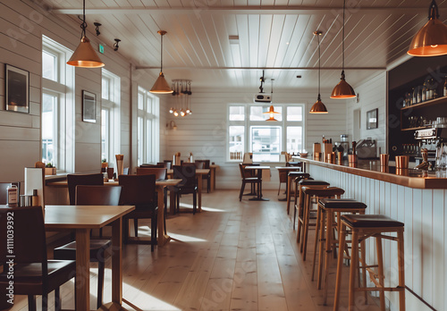 Cozy rustic coastal restaurant interior featuring a wooden bar  pendant lighting  wooden chairs  and tables with abundant natural light and inviting ambiance