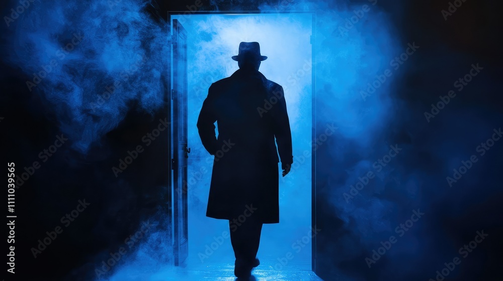 Mysterious Silhouette of a Figure in a Fedora Hat Emerging from a Door Shrouded in Blue Fog, Creating an Enigmatic Atmosphere of Suspense and Intrigue Mysterious Silhouette of a Figure in a Fedora Hat Emerging from a Door Shrouded in Blue Fog, Creating an Enigmatic Atmosphere of Suspense and Intrigue