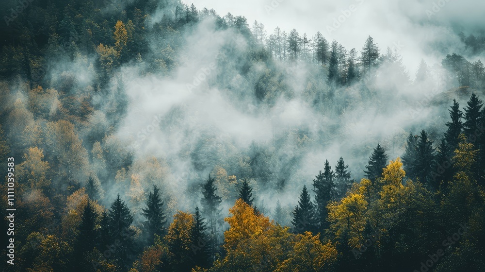 Mysterious Forest in Autumn with Dense Fog Rolling Over Green and Yellow Trees Creating a Captivating Natural Landscape Mysterious Forest in Autumn with Dense Fog Rolling Over Green and Yellow Trees Creating a Captivating Natural Landscape