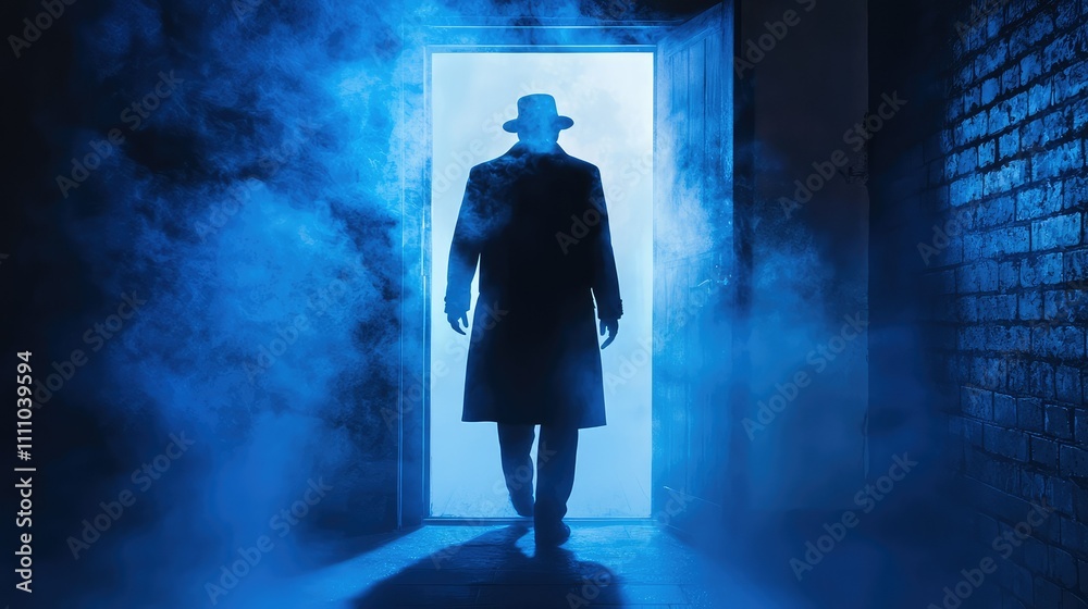 Obraz premium Mysterious Figure in Hat Steps Through Foggy Doorway, Surrounded by Enigmatic Blue Smoke, Creating an Atmosphere of Suspense and Intrigue