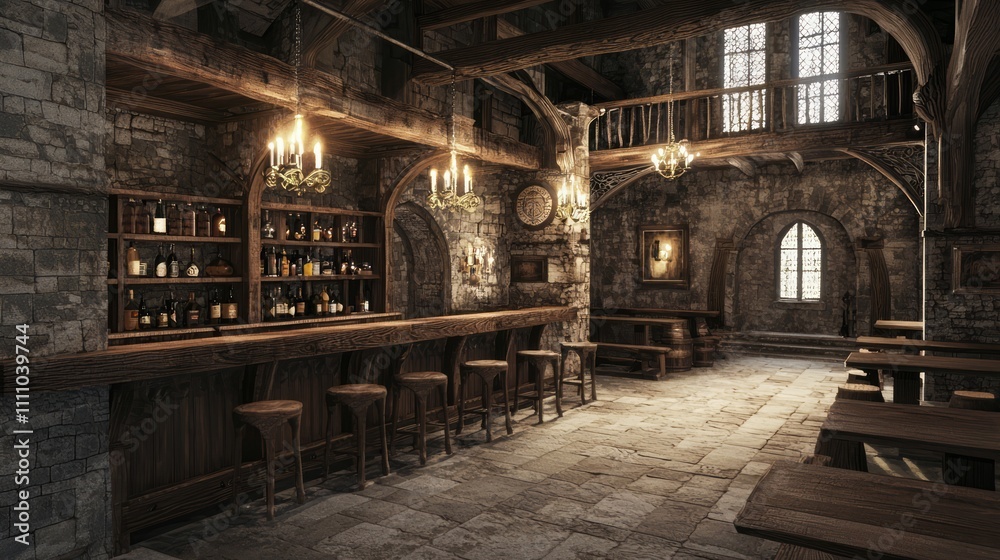 Modern-Medieval Chic: Stylish Home Bar with Rustic Accents and Medieval Decor for Entertaining Space Modern-Medieval Chic: Stylish Home Bar with Rustic Accents and Medieval Decor for Entertaining Space