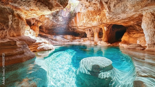 Serene Underground Cave with Crystal Clear Water and Stunning Rock Formations Illuminated by Sunlight, Creating a Tranquil Natural Oasis