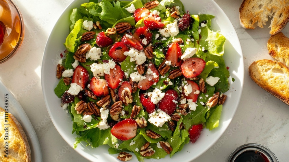 Photo of, A refreshing summer salad composed of mixed greens, ripe strawberries Photo of, A refreshing summer salad composed of mixed greens, ripe strawberries