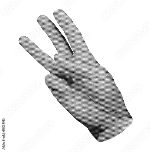 Counting and showing three 3 fingers, hand sign isolated on white background. Halftone dotted retro style vector