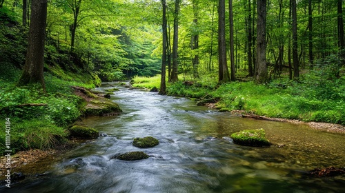 Serene Forest Stream Flowing Through Lush Green Landscape with Rocks and Sunlight Filtering Through Vibrant Tree Canopy in a Peaceful Natural Setting