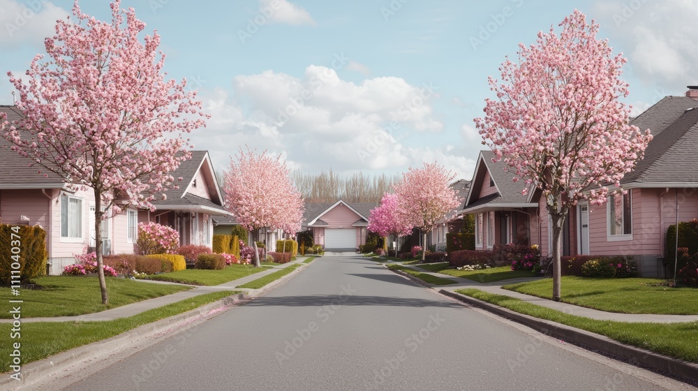 A serene suburban street lined with pink flowering trees, showcasing charming houses under a clear blue sky. A serene suburban street lined with pink flowering trees, showcasing charming houses under a clear blue sky.