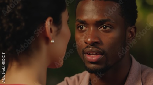 A close-up of a nervous Afro-American man confessing his love to a woman, capturing the intensity of the moment with heartfelt emotion in his eyes