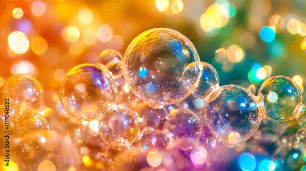 Close-up of iridescent soap bubbles with blurred colorful lights in the background. Close-up of iridescent soap bubbles with blurred colorful lights in the background.