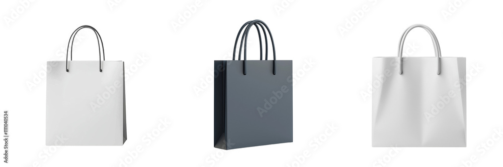 Three stylish shopping bags in white, gray, and black, featuring sturdy handles, perfect for retail purposes. Three stylish shopping bags in white, gray, and black, featuring sturdy handles, perfect for retail purposes.