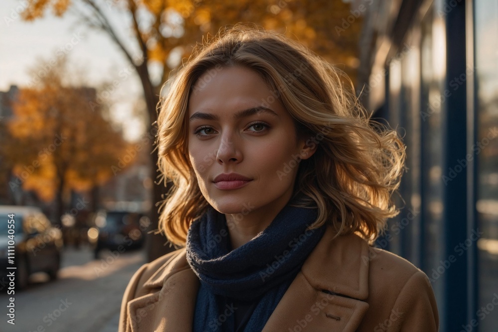 Chic woman in beige coat and scarf walking in autumn sunlight on city street Chic woman in beige coat and scarf walking in autumn sunlight on city street