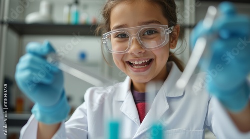 A close-up of a young girl in a lab coat, holding a test tube and smiling with excitement, celebrating the International Day of Women and Girls in Science.