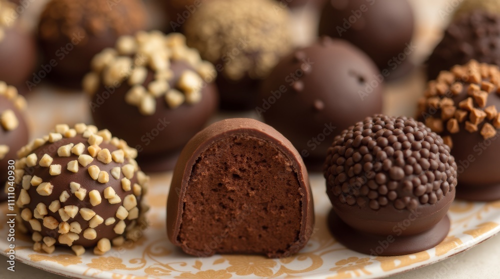 A close-up of an assortment of decadent chocolate truffles, showcasing their rich textures and various toppings A close-up of an assortment of decadent chocolate truffles, showcasing their rich textures and various toppings