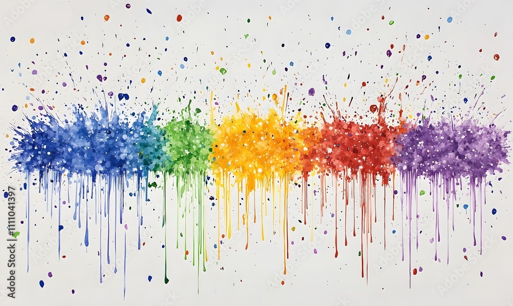 Fototapeta premium Abstract rainbow splatters, vibrant colors dripping and exploding, creating a dynamic visual.