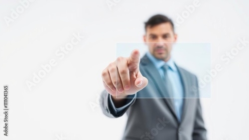 A businessman pointing at virtual touch screen on white background, concept, digital, mockup