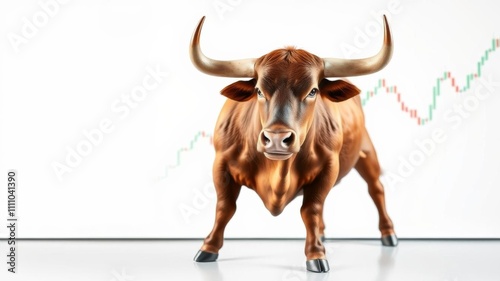 A confident bull on white background in front of stock chart, symbolizing bullish market trend and positive investor sentiment, isolated, white background photo