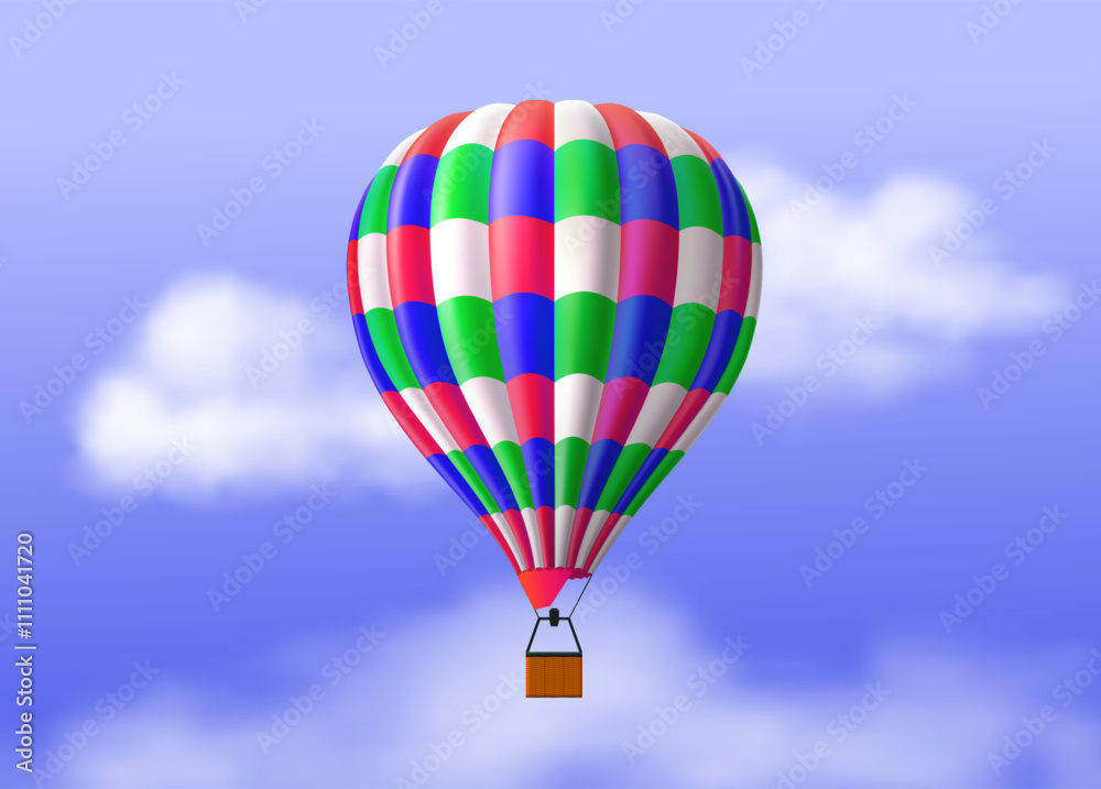 Naklejka premium Hot air balloon. Aerial travel. Realistic airship in cloudy sky. Flying vehicle transportation. Ballooning flight. Floating aircraft. Basket with striped dome. Vector airy transport