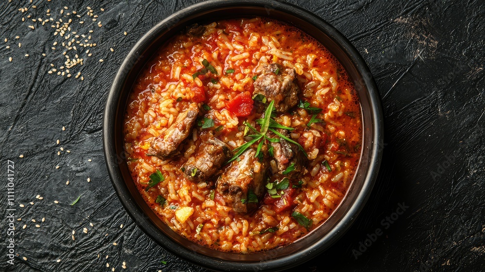 A Delicious Bowl of Rice and Chicken Stew Cooked in a Rich Tomato Sauce Garnished with Fresh Herbs on a Dark Textured Surface A Delicious Bowl of Rice and Chicken Stew Cooked in a Rich Tomato Sauce Garnished with Fresh Herbs on a Dark Textured Surface