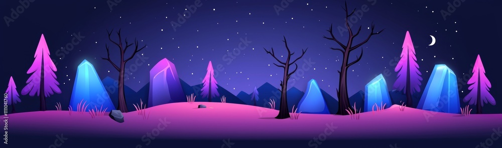 Halloween graveyard background. Spooky cemetery at night cartoon illustration. Scary tombstone, tree silhouette, and magic light mystery panorama. Helloween concept comic game image.