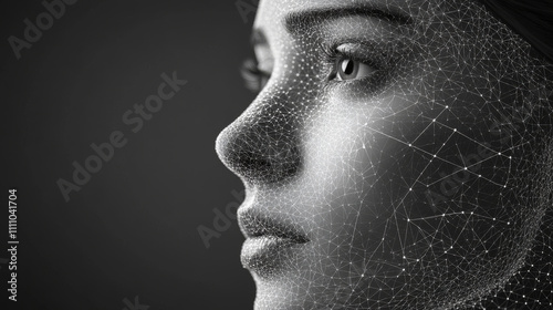 Biometric facial recognition. Identity identification technology. A low-poly construction of interconnected lines and dots. Blue background. 