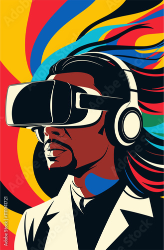 Colorful vivid pop art style vector illustration with black man wearing Virtual reality headset. The background is a colorful swirl, giving the impression of a futuristic or sci-fi setting.