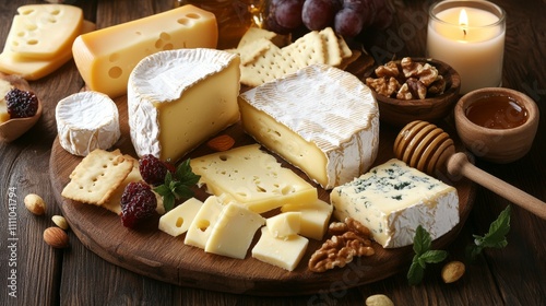 Photo of, A rustic wooden board adorned with an assortment of artisanal cheeses, such as brie