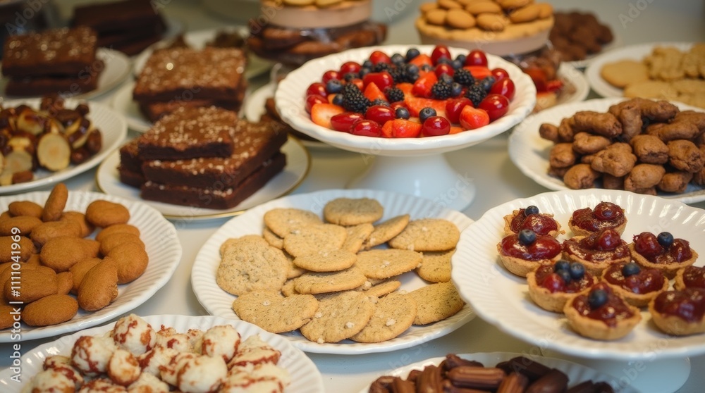 dessert table filled with an array of sweet treats, including cookies, brownies, and fruit tarts, beautifully styled for a celebration