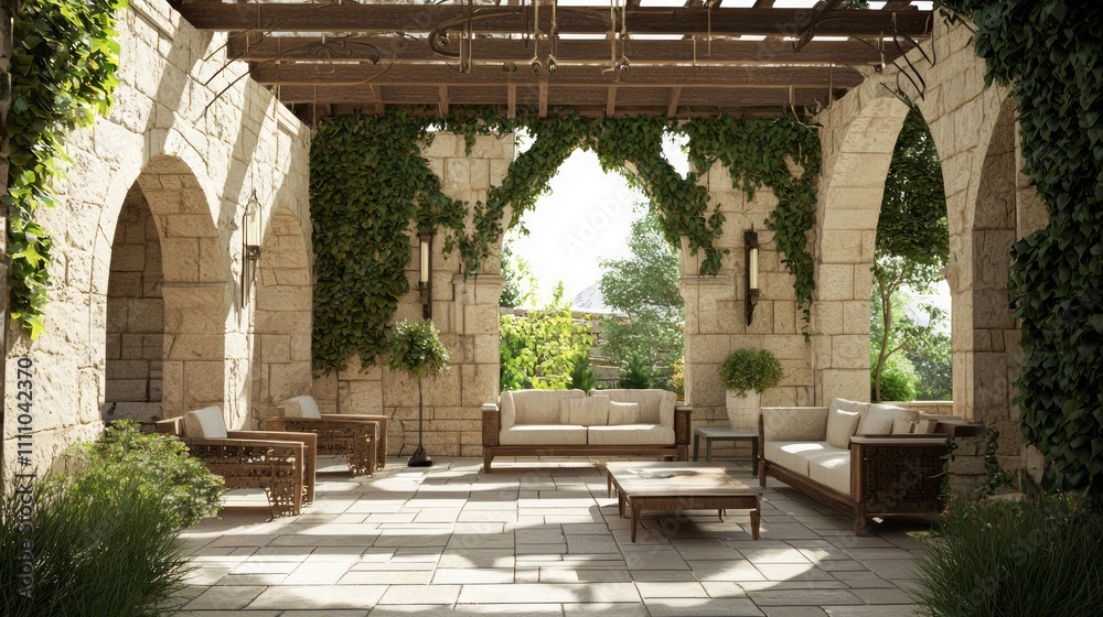 Modern-Medieval Outdoor Lounge: Chic Design with Stone Walls and Relaxing Atmosphere Modern-Medieval Outdoor Lounge: Chic Design with Stone Walls and Relaxing Atmosphere
