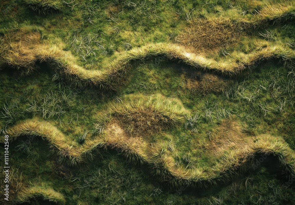 Textured Green Landscape with Undulating Formations and Patches of Grass Surrounded by Natural Patterns in Various Shades of Green and Brown Textured Green Landscape with Undulating Formations and Patches of Grass Surrounded by Natural Patterns in Various Shades of Green and Brown