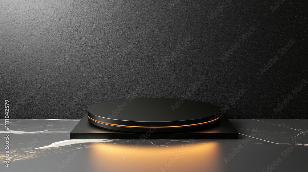 Elegant Black Circular Display Stand on Marble Surface with Subtle Golden Accents Elegant Black Circular Display Stand on Marble Surface with Subtle Golden Accents