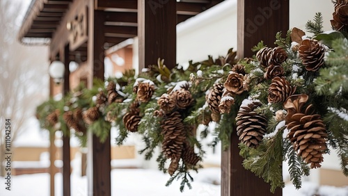 Pinecone garland interwoven with dried winter blooms and ivy hanging above a snowy porch.
