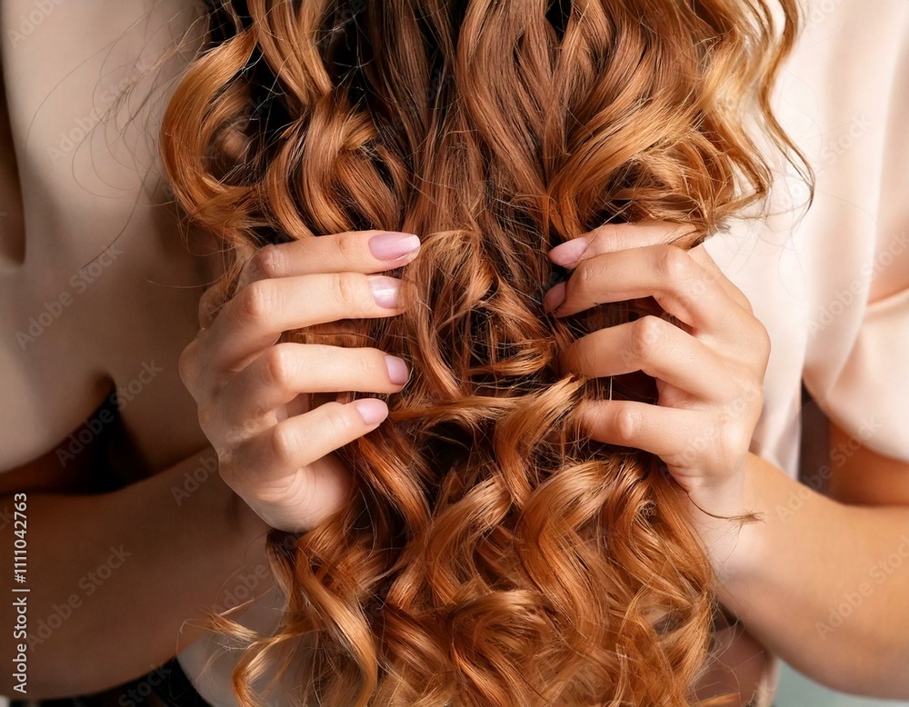 Naklejka premium Woman scrunching her hair into defined curls, demonstrating styling techniques. Close-up view of hands creating texture, applying product, emphasizing movement, transforming straight hair into beautif