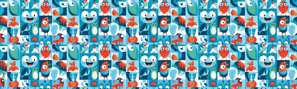 Fototapeta premium Repeating pattern of whimsical characters with red hats, amidst a vibrant blue and green backdrop.