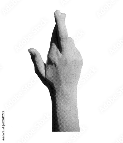 Finger crossed, liar gesture. Isolated hand, superstition sign, lucky symbol of hope, white background. Halftone dotted retro style vector